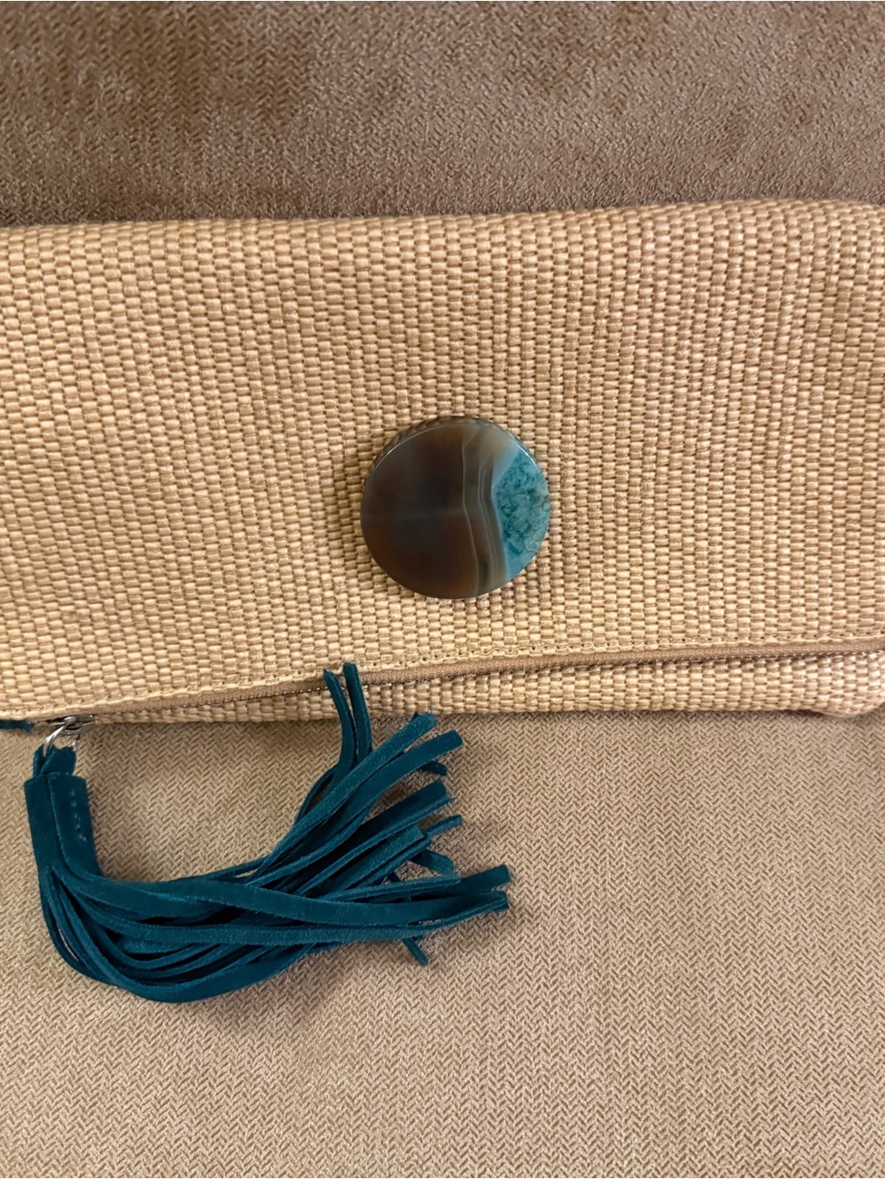 Woven Straw Clutch with Teal Tassel Accent